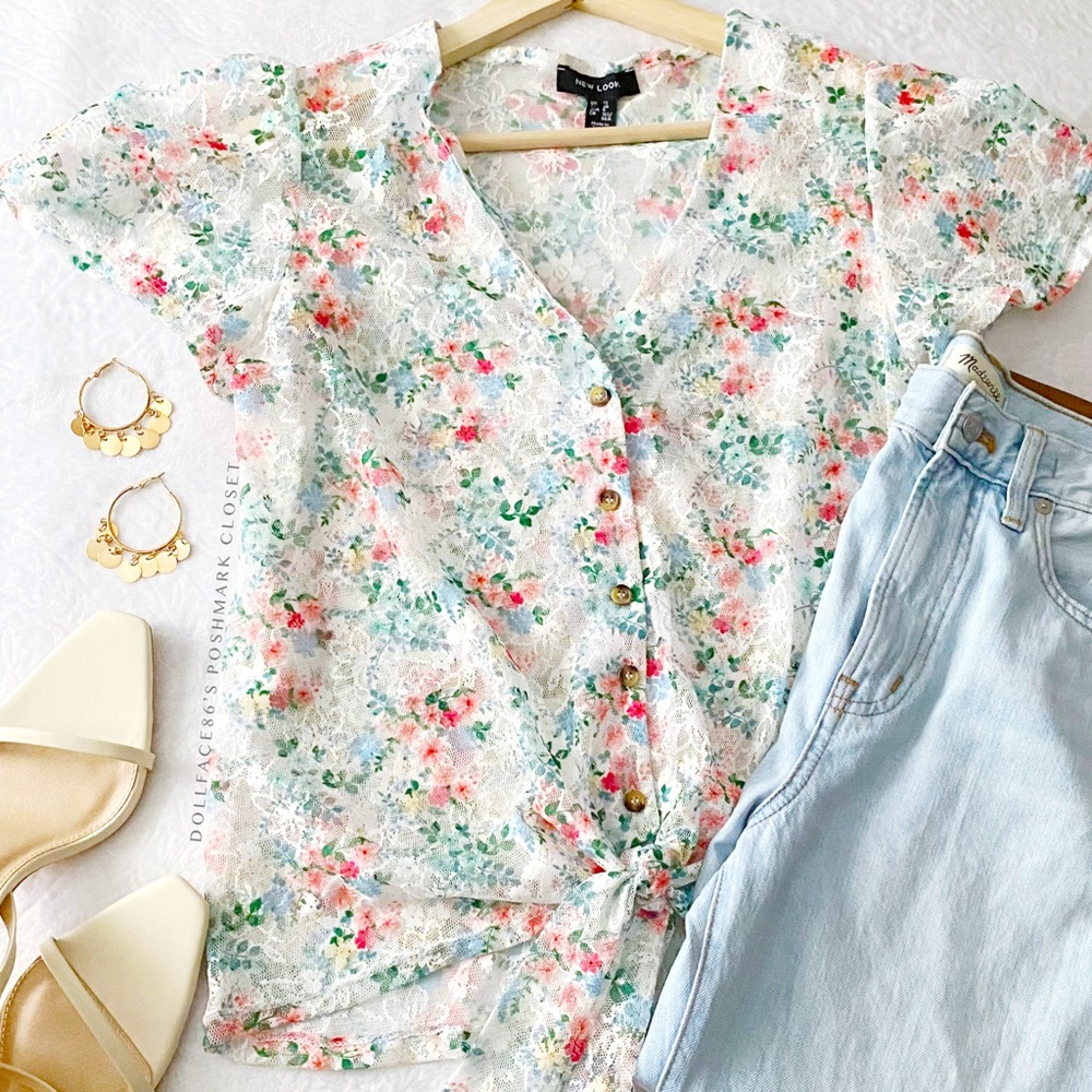 Semi Sheer Floral Lace Print Button Down Tied Waist Top